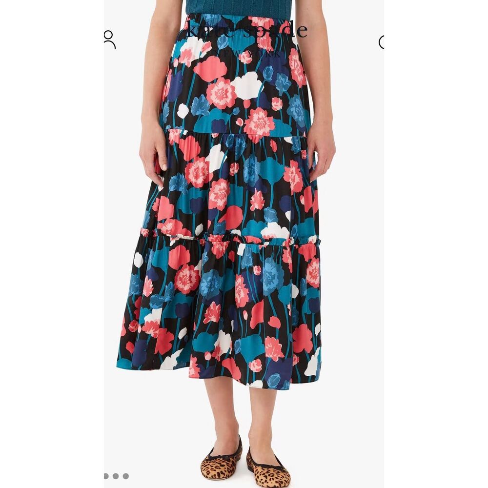 Kate Spade New York Floral Tiered Midi Skirt Colorful Flowers Size L